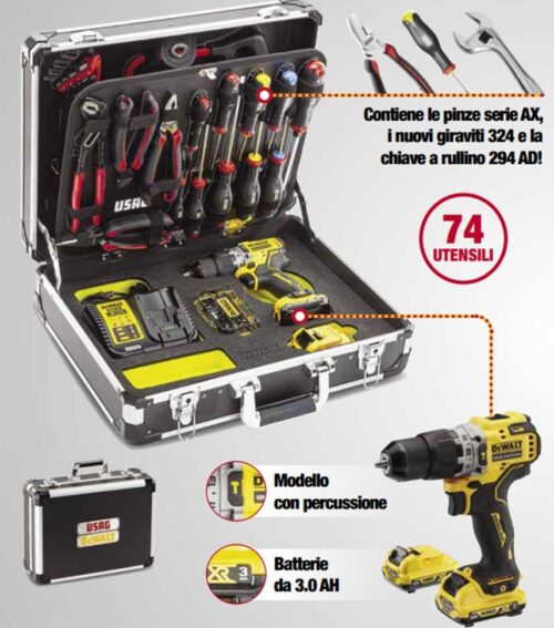 Valigetta Valigetta usag 002 udm 74 utensili + trapano avvitatore Dewalt 12V + 2 batterie 3 Ah