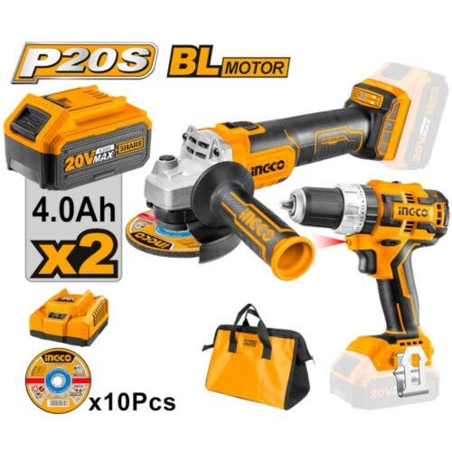 Set trapano+smerigliatrice 20 v 2 batt /caricabatt e accessori