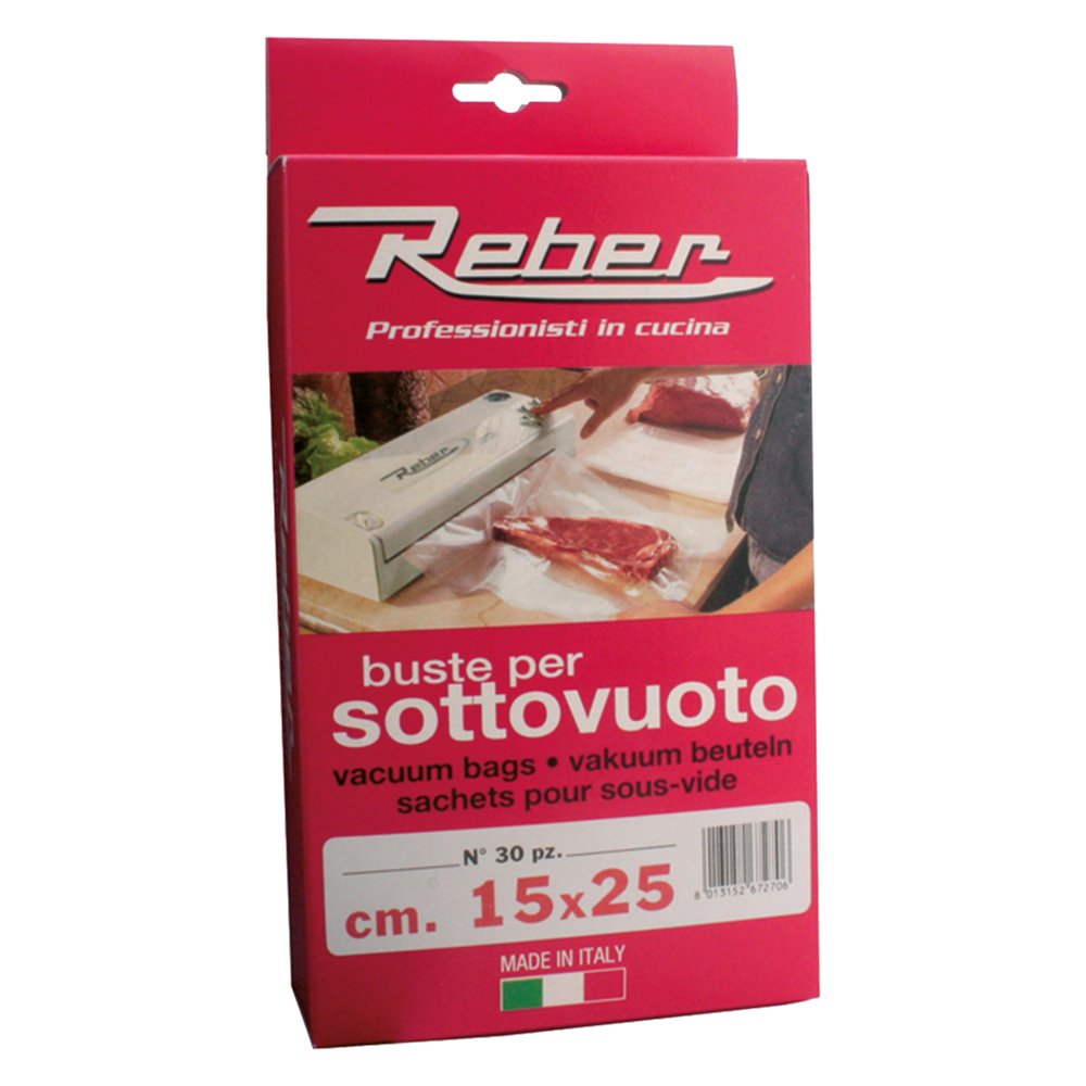 Sacchetti pretagliati per sottovuoto scatolati 15 x 25 cf.30 pz Reber