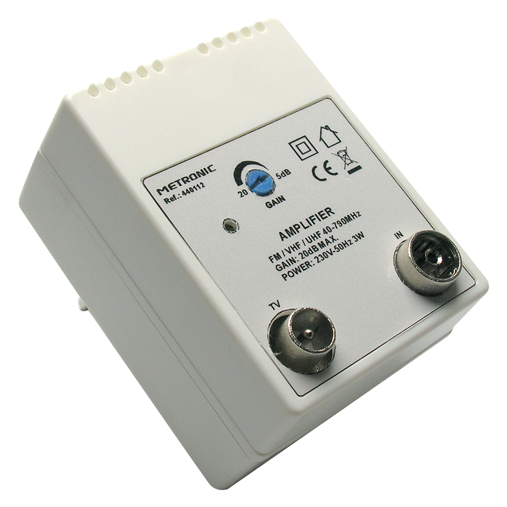 Amplificatore interno 1 in/1 out 1 ingresso fm/uhf/vhf – 1 uscita tv Metronic