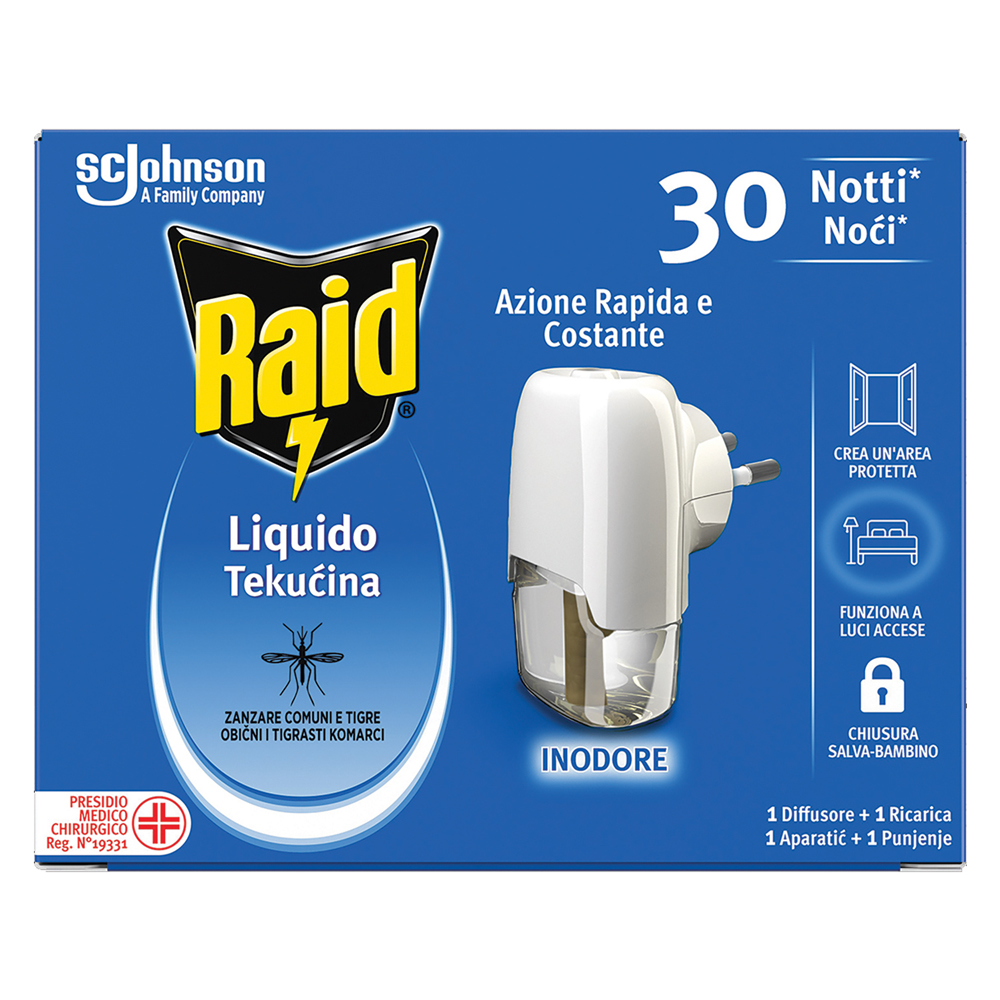 Antizanzare elettrico ad emanazione con 1 ricarica liquida Raid