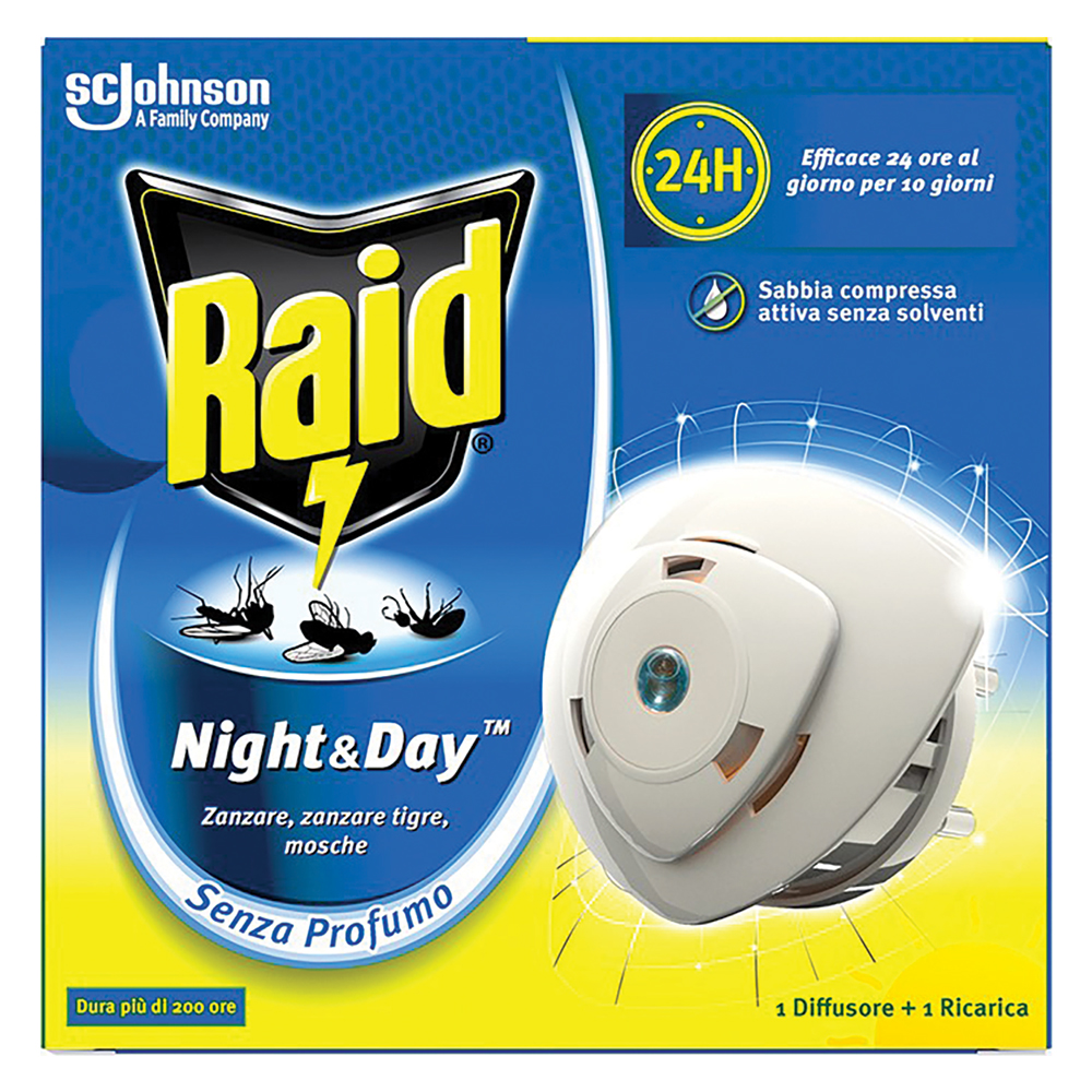 Antizanzare elettrico ad emanazione ‘notte/giorno’ con 1 ricarica liquida Raid