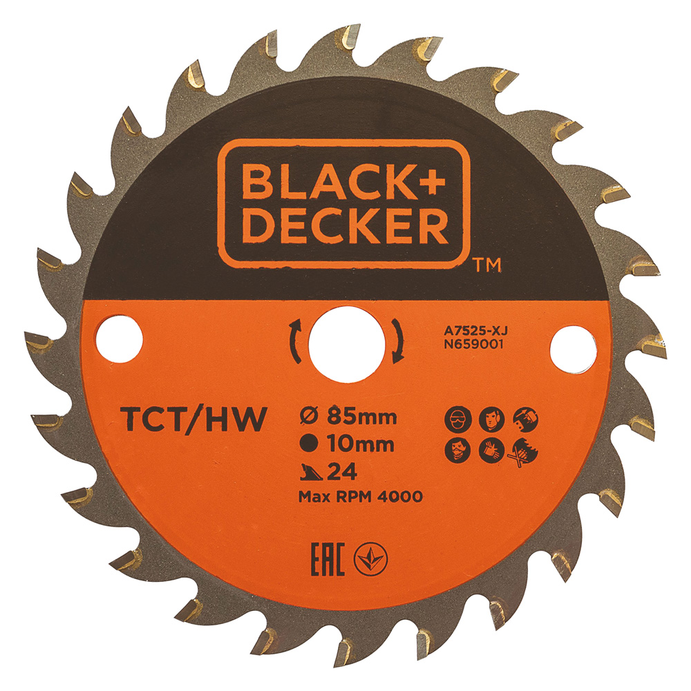 Lama tct per mini sega circolare ‘a7525-xj’ ø 85 mm foro 10 mm – 24 denti Black decker