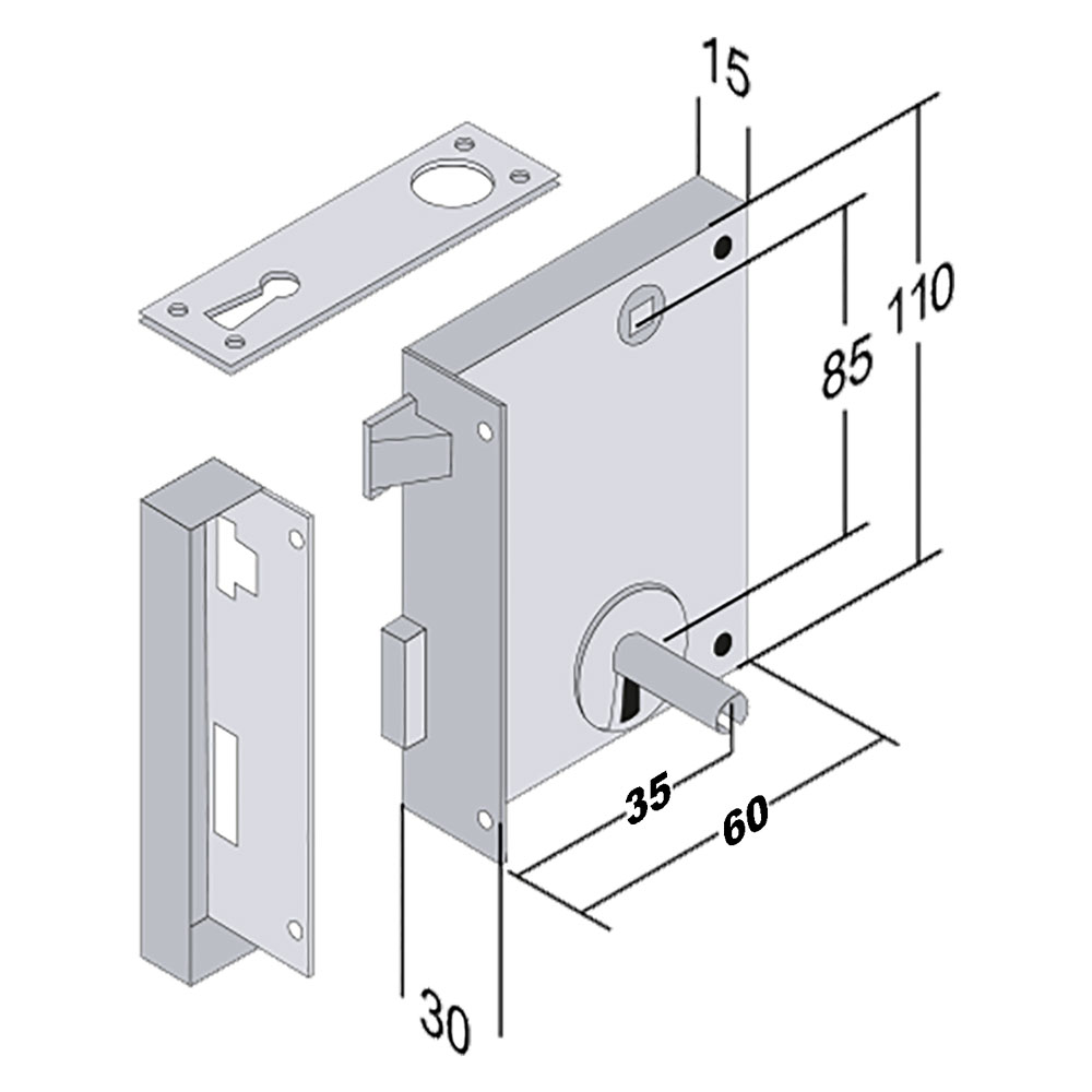 Serratura verticale da applicare art. 185 e 35 – lunghezza mm 60 dx Bonaiti