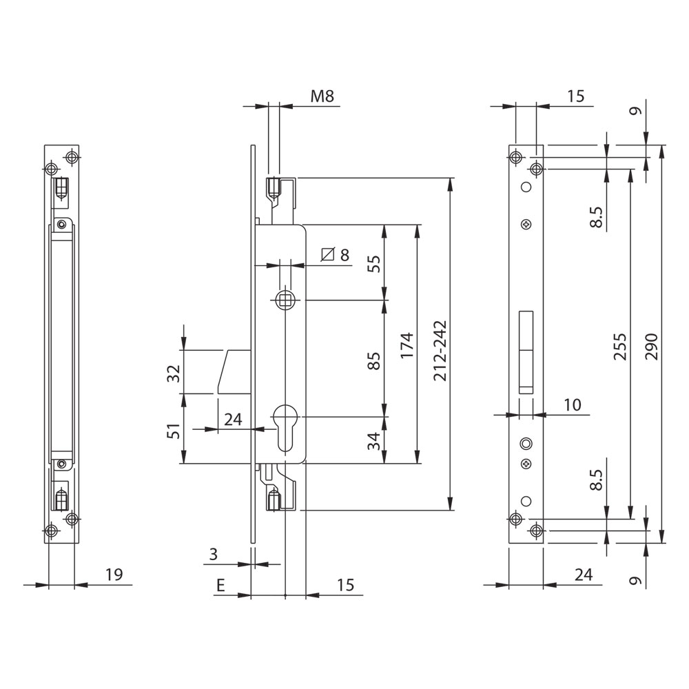 Serratura da infilare per persiane art.783.38 e35  con catenaccio – front. mm 24 Iseo