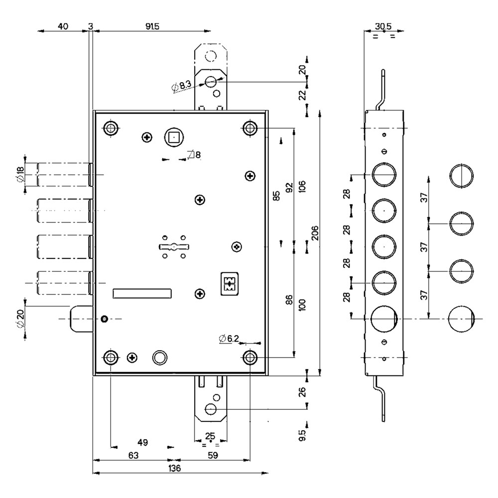 Serratura da applicare triplice per porte blindate art. 52.571 dx e 63 – mm 206 x  136 Mottura