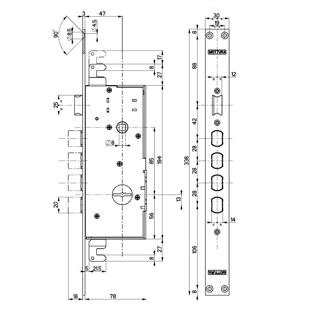 Serratura da infilare triplice per porte blindate art. 72.140 e 47 – scatola mm 194 x 78 Mottura