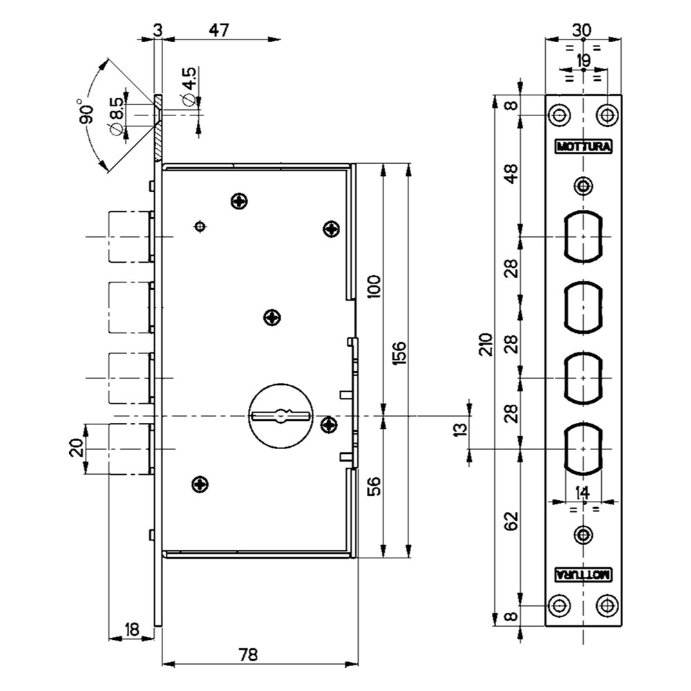 Serratura elettrica da infilare triplice per porte blindate art. 72.14ele e 47 – scatola mm 234 x 78 Mottura