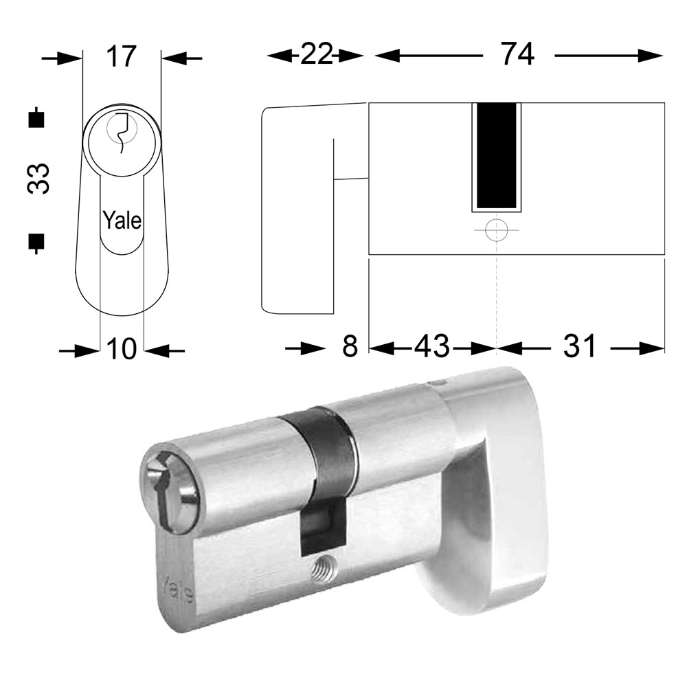 Cilindro sagomato con pomolo a goccia per porte bagno mm 26+10+38 = 74 (31+43) nich.luc. Yale