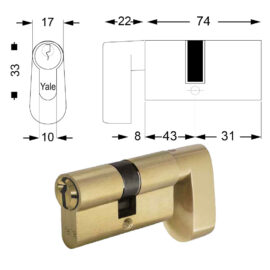 Cilindro sagomato con pomolo a goccia per porte bagno mm 26+10+38 = 74 (31+43) ottone Yale