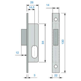 Serratura mini solo catenaccio 919 e14,5 - frontale 22 mm. Corni