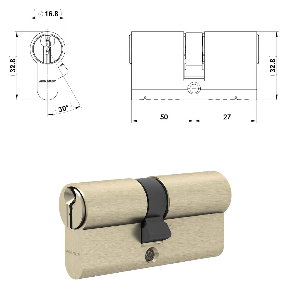 Cilindro profilato doppio serie ‘gemma’ mm 22,5+10+45 = 77,5 (27,5+50) ottone Assa abloy