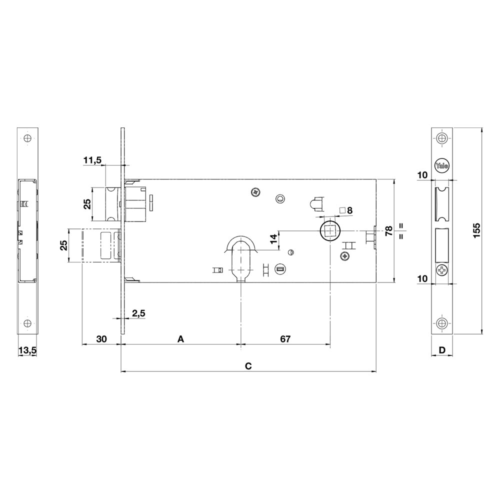 Serratura meccanica da fascia 865 e80-3 mand.fr.22/int.67 mm. Yale