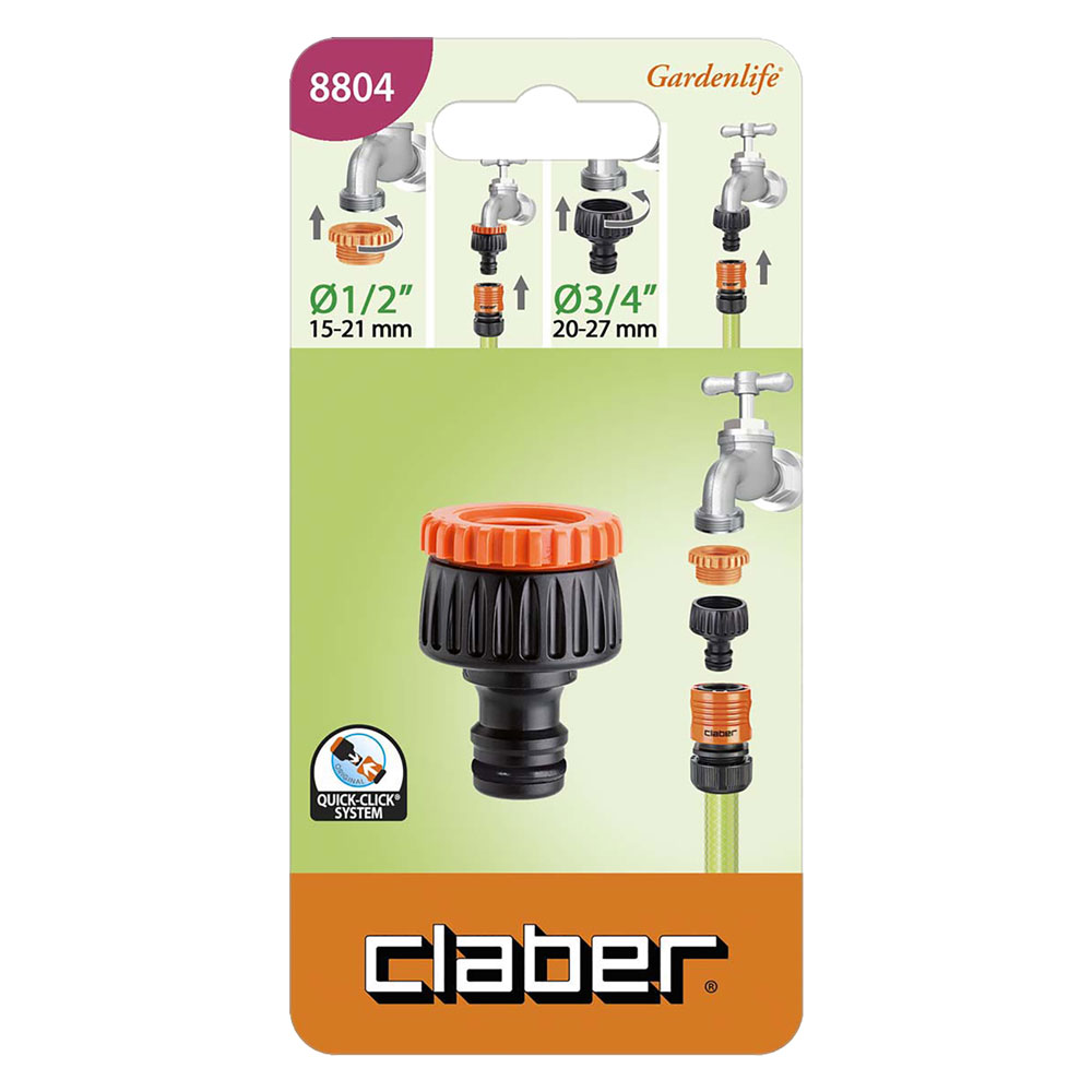Attacco a rubinetto multifiletto art. 8804 – 1/2-3/4 blister Claber