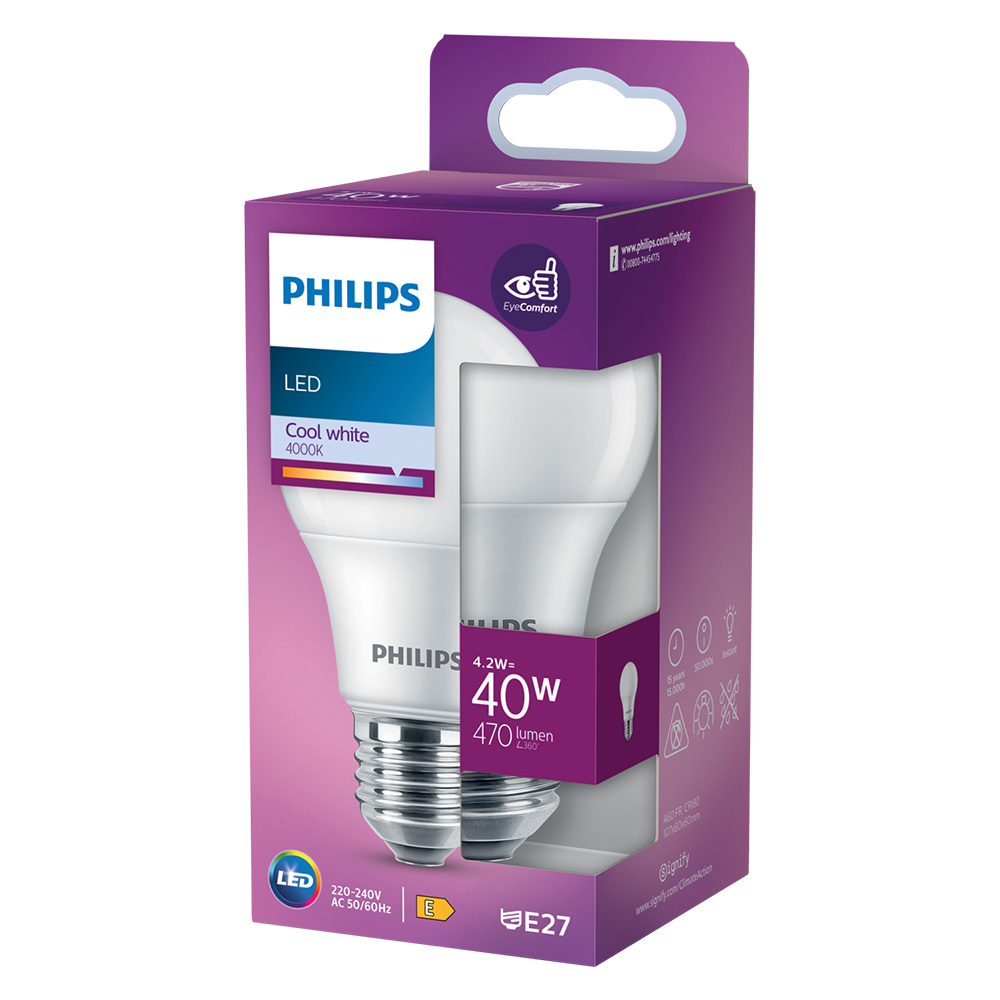 Lampada a led ‘goccia’ natur. 4000k 4,2 w=40w e27 – 470 lm Philips