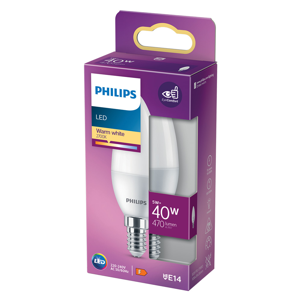Lampada a led ‘oliva’ calda 2700k 4,9 w=40w e14 – 470 lm Philips