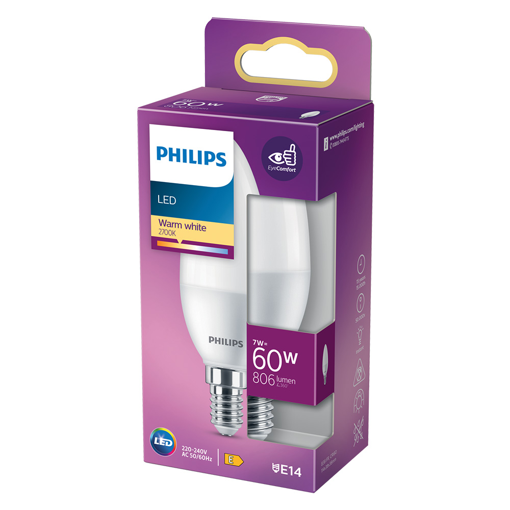 Lampada a led ‘oliva’ calda 2700k 7 w=60w e14 – 806 lm Philips