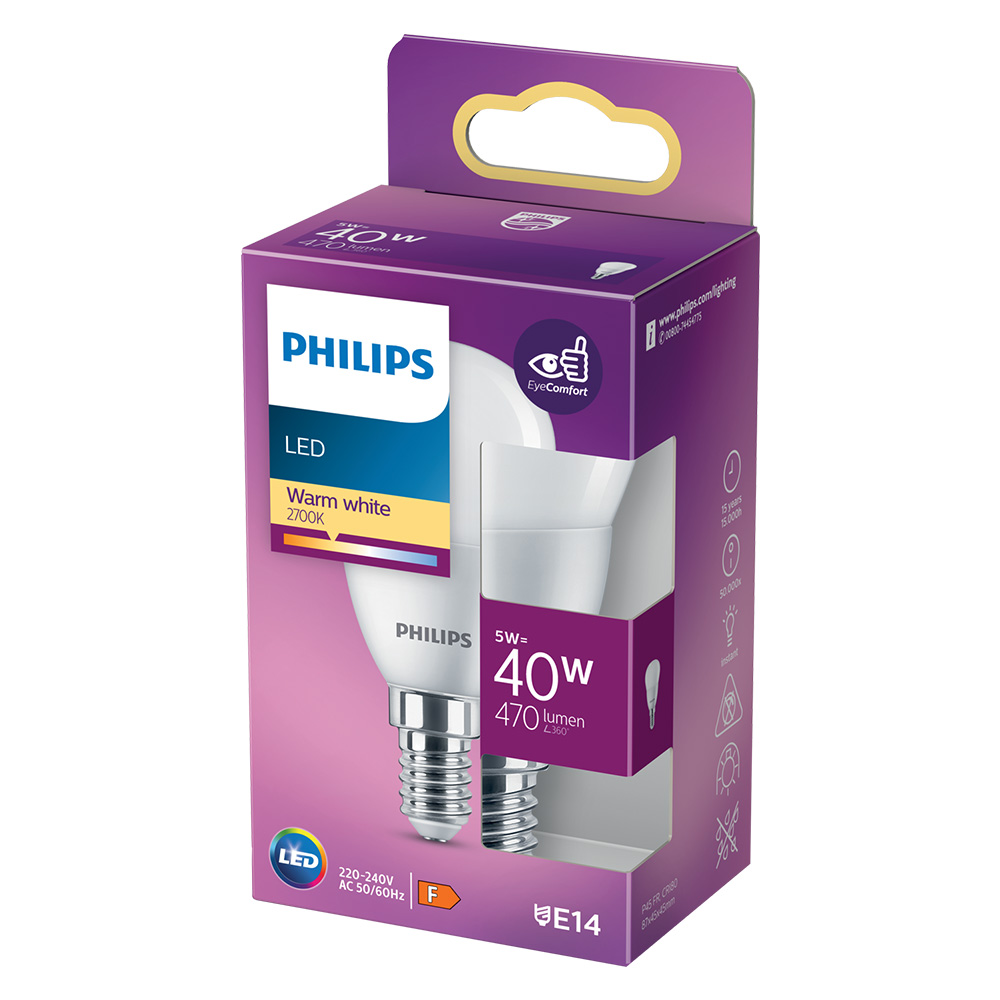 Lampada a led ‘sfera’ calda 2700k 4,9 w=40w e14 – 470 lm Philips