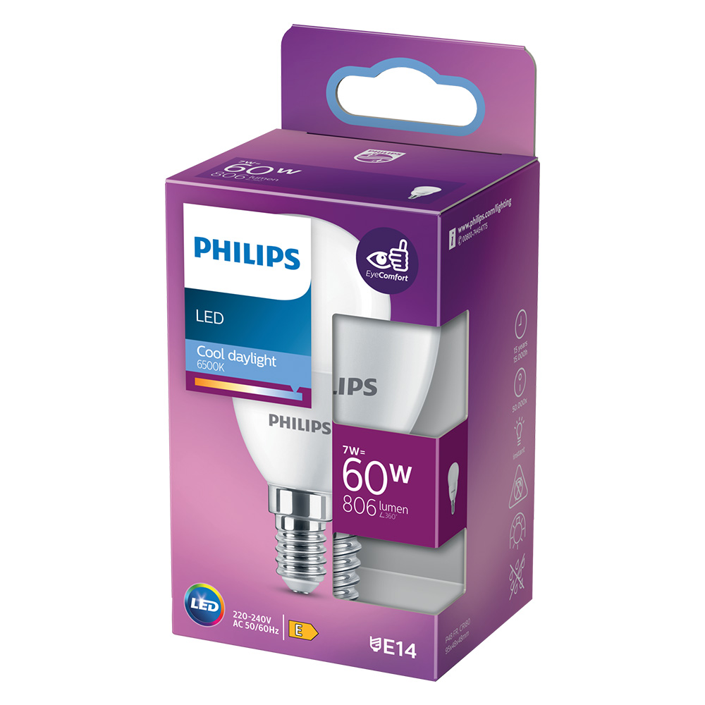 Lampada a led ‘sfera’ fredd.6500k 7 w=60w e14 – 806 lm Philips