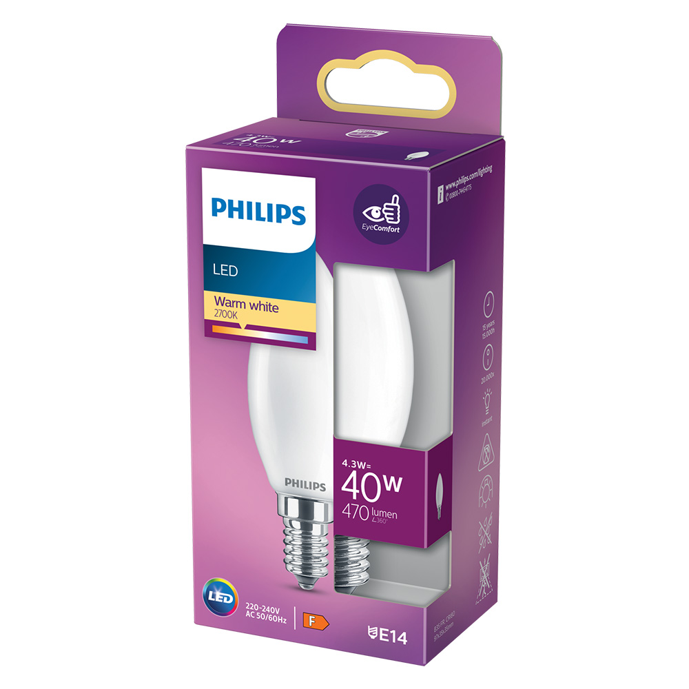 Lampada a led ‘oliva’ calda 2700k 4,3 w=40w e14 – 470 lm Philips