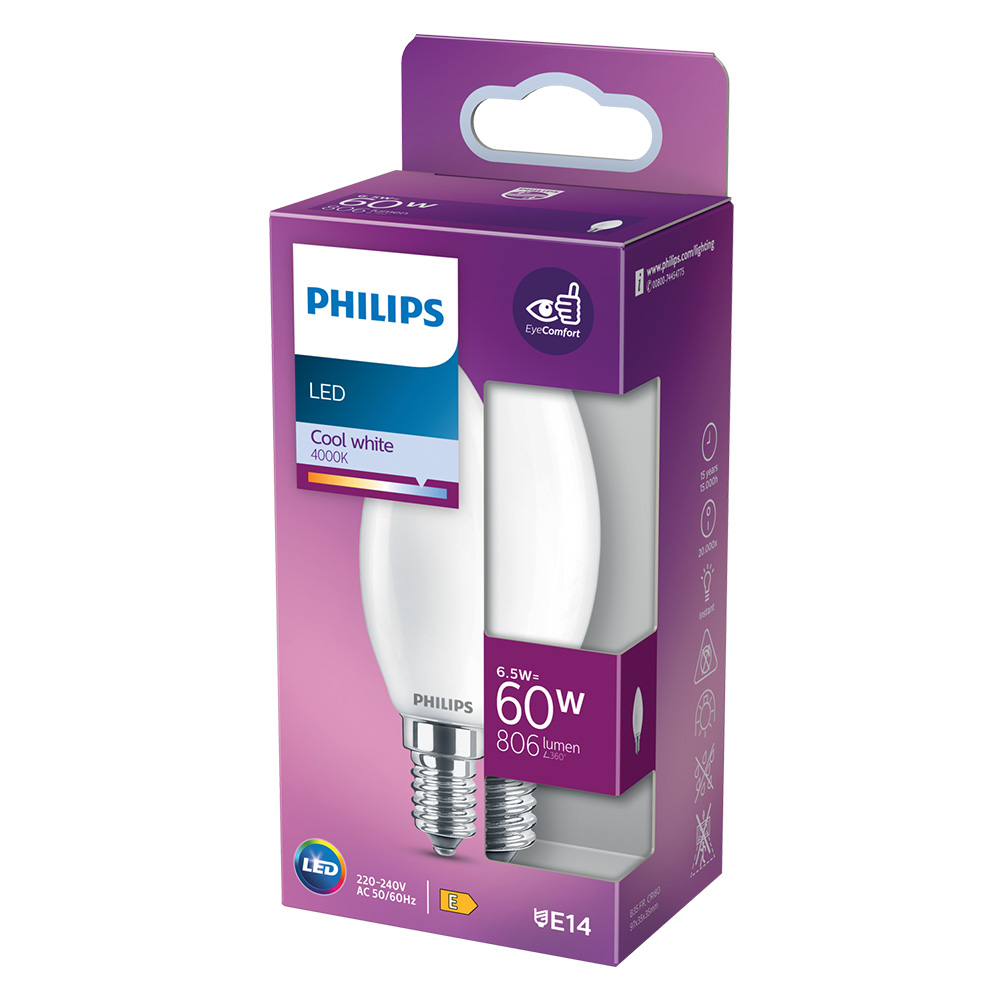 Lampada a led ‘oliva’ natur.4000k 6,5 w=60w e14 – 806 lm Philips
