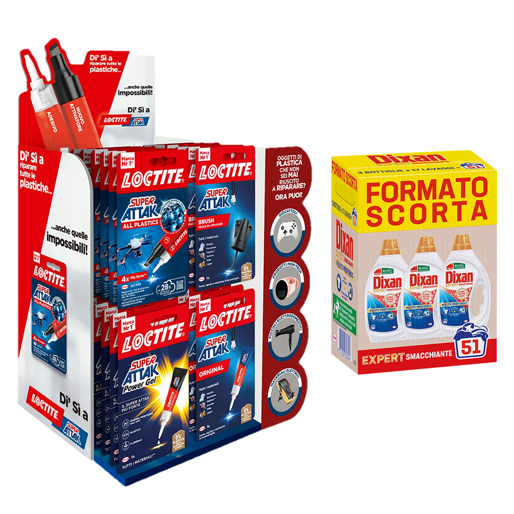 Espositore super attak ‘all plastics’ 36 pz + 3 flaconi dixan ‘expert’ omaggio Loctite