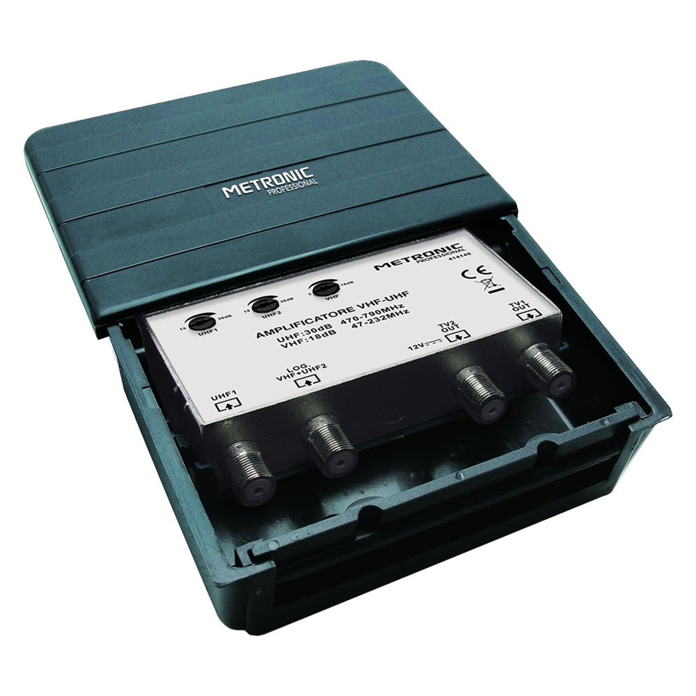 Amplificatore esterno – digitale terrestre 2 in/2 out  2 ingres. uhf/vhf/uhf – 2 uscite tv Metronic