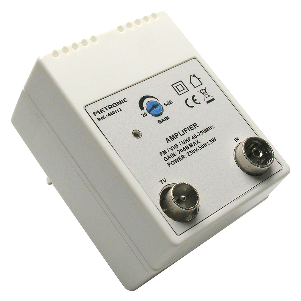 Amplificatore interno 1 in/1 out 1 ingresso fm/uhf/vhf – 1 uscita tv Metronic