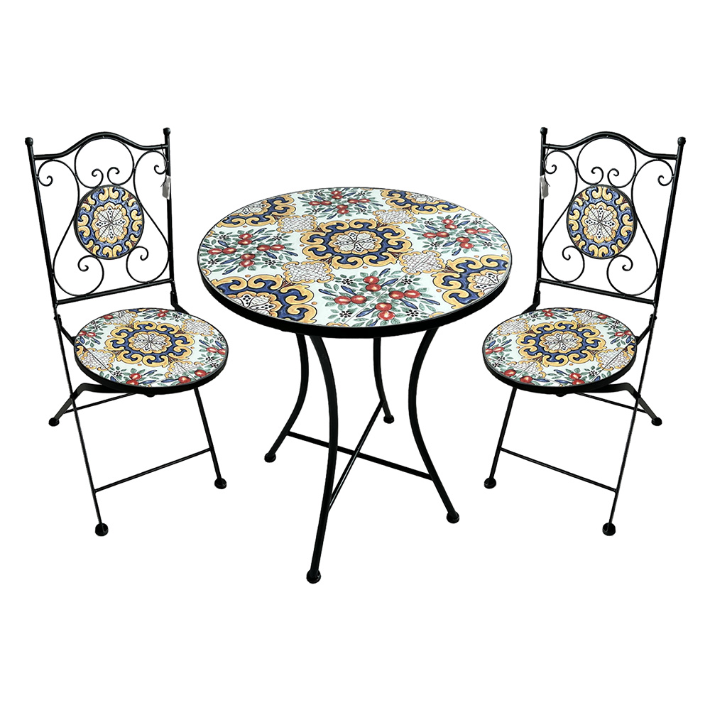 Set tavolo mosaico da esterno ‘fiorarte’ Ø cm 60 x h.75 (tavolo) – cm 38 x h. 46-92 (sedie) Lif